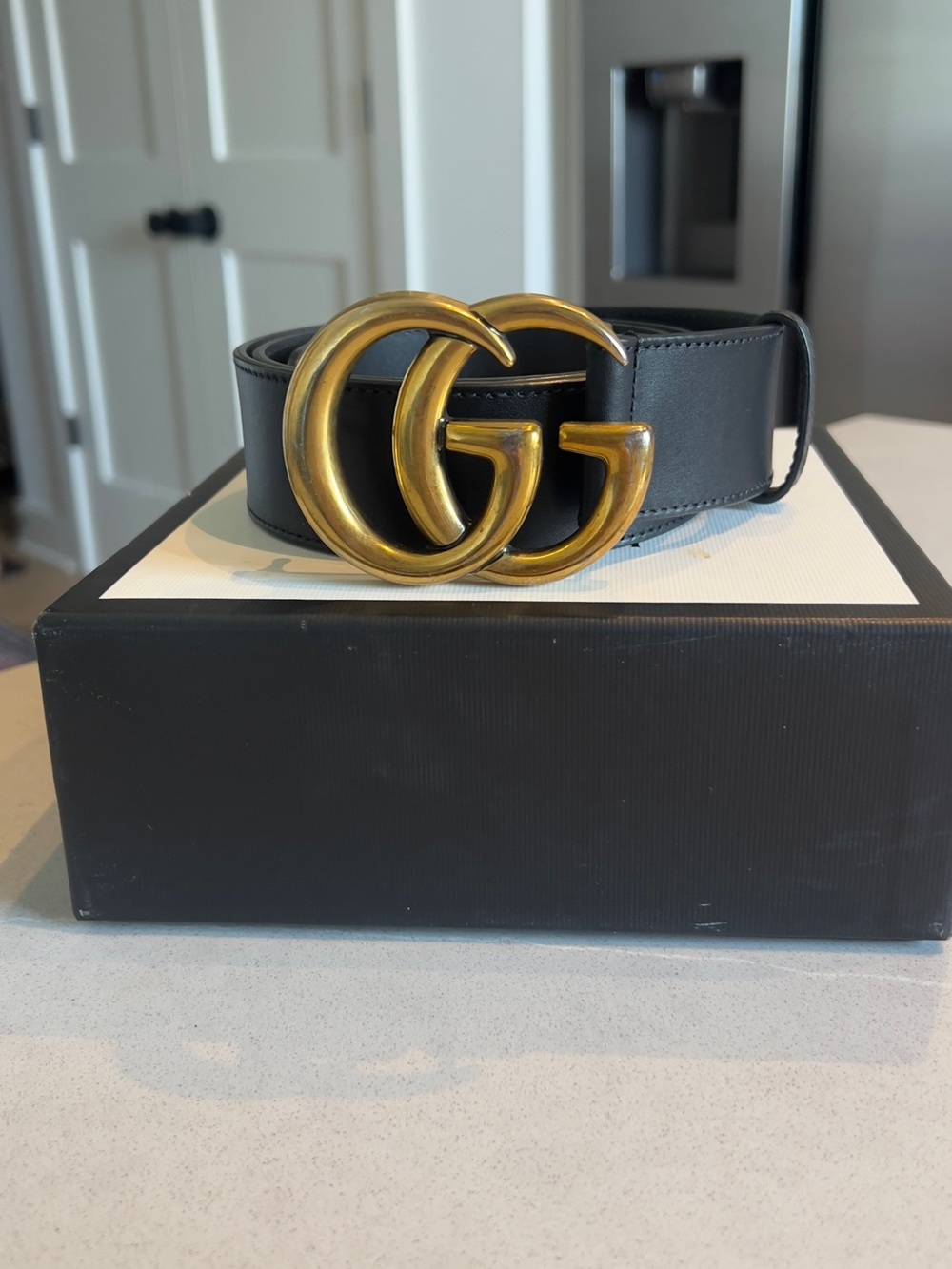 Gucci Black Leather Belt with Gold Double G Logo Buckle
